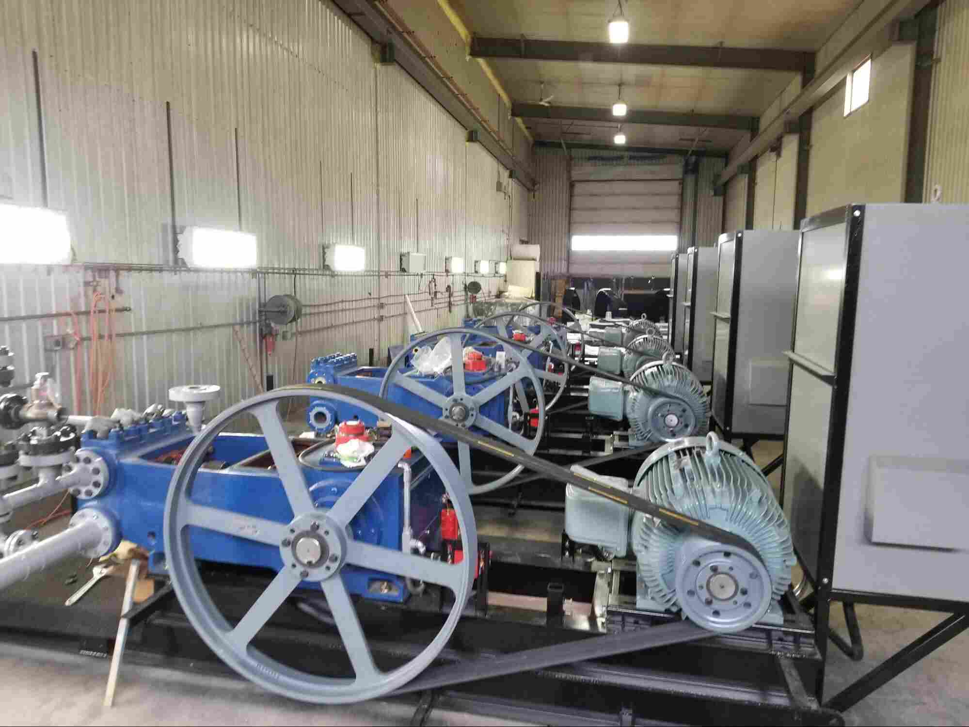 Custom pump packages for oil and gas assembled on industrial skids.